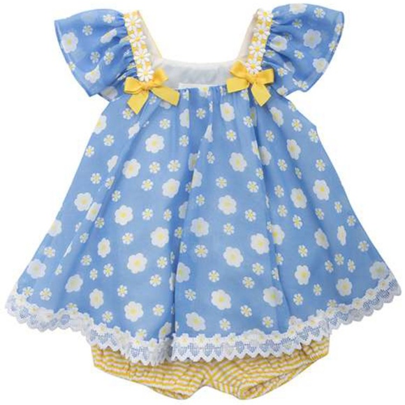 Rare Editions Outfit Baby Girl 6 Mo Daisy Floral Top Bloomer Set Blue Yellow - Picture 1 of 8